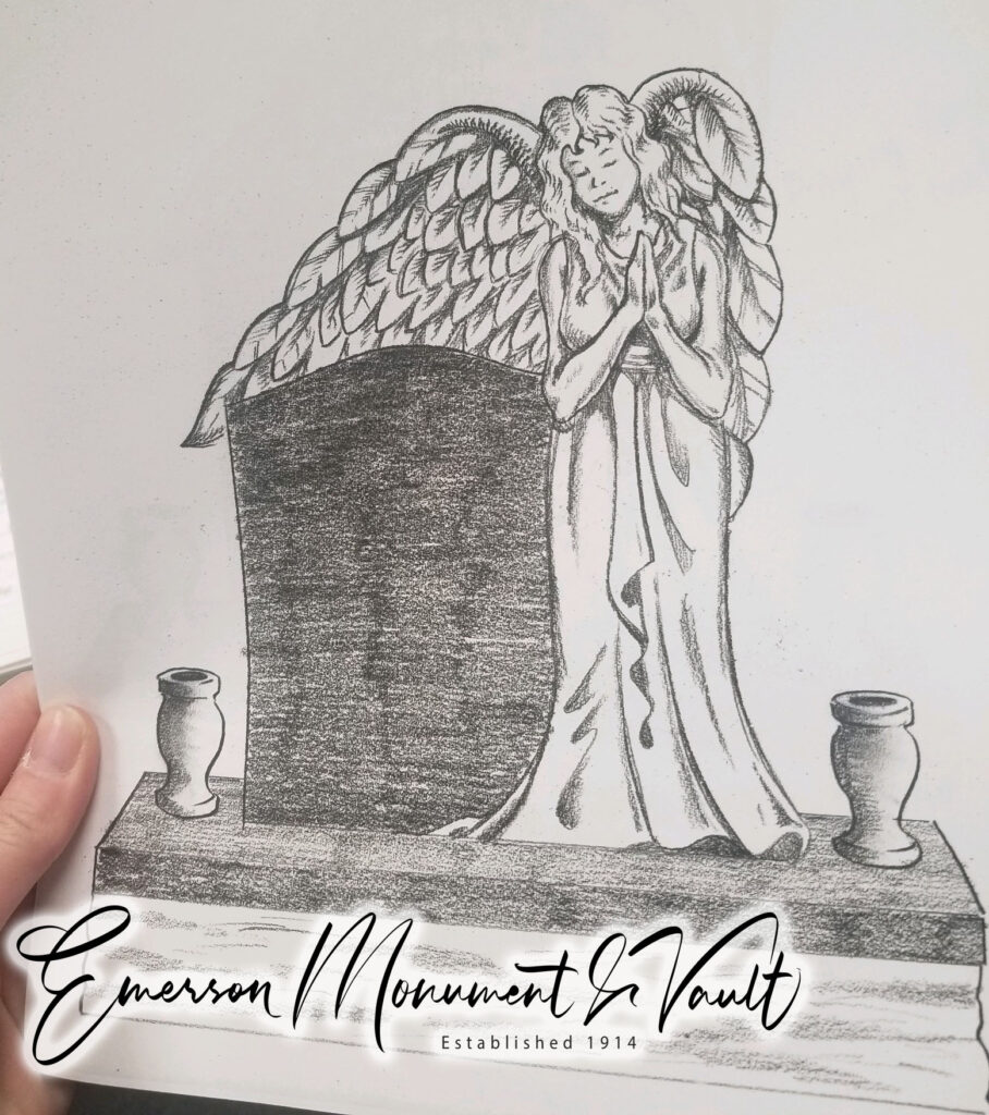 Final conceptual drawing of our fully hand-carved, custom angel memorial. She is going to be beautiful!